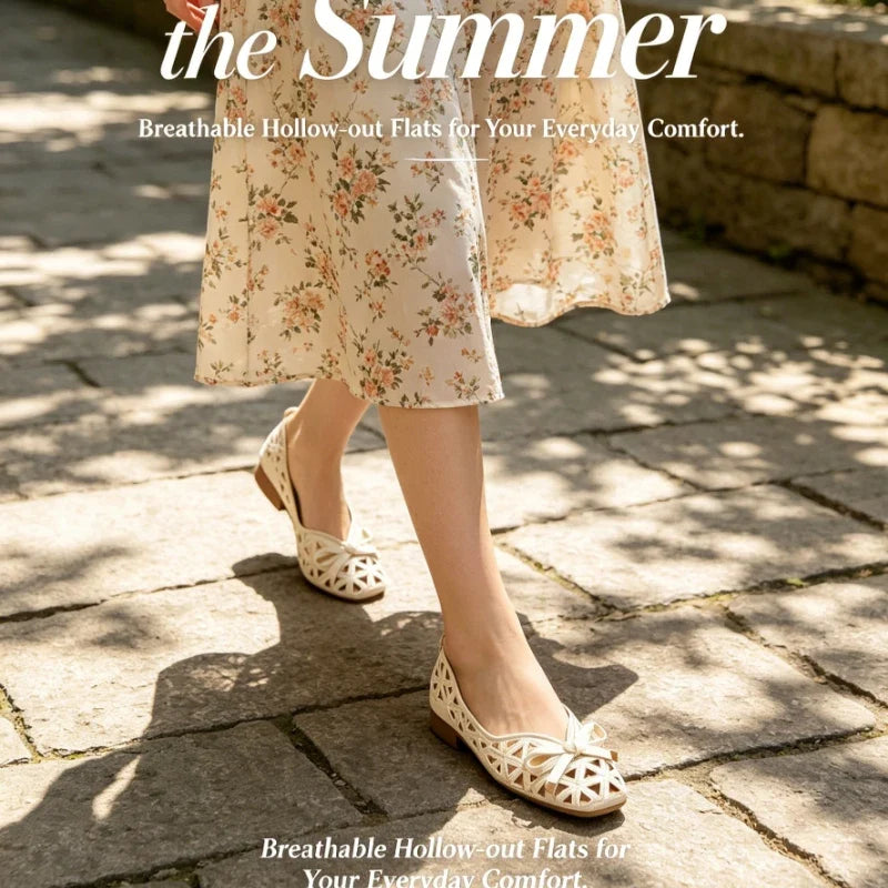 New French Style Bow Flat Sandals Women Geometric Cut-Out Peep-Toe Breathable Summer Beige Shoes for Dresses, Office and Casual