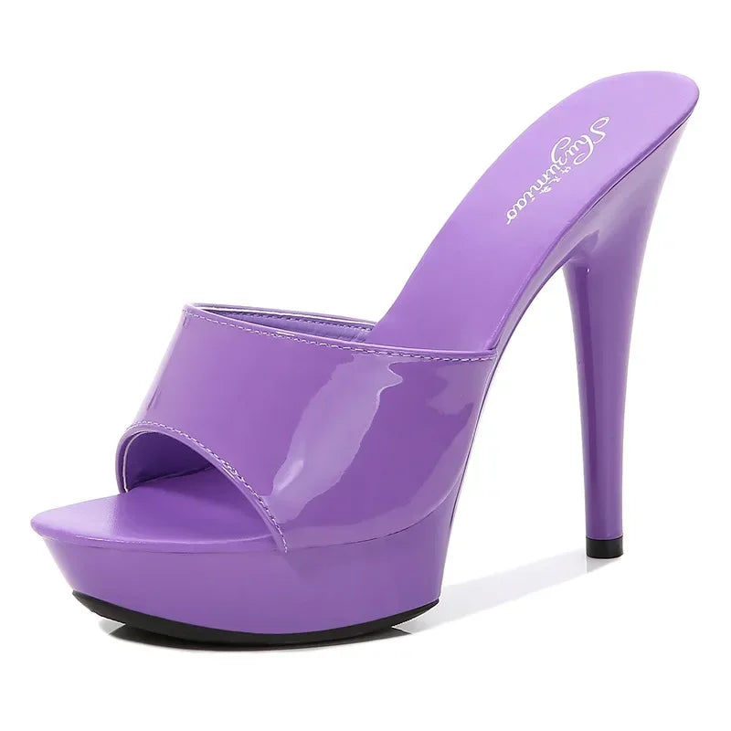Womens Slippers Mule Patent Leather Sandals Sexy Fashion 13CM Slides Party Shoes for Woman Luxury Red Sandals Summer Comfortable