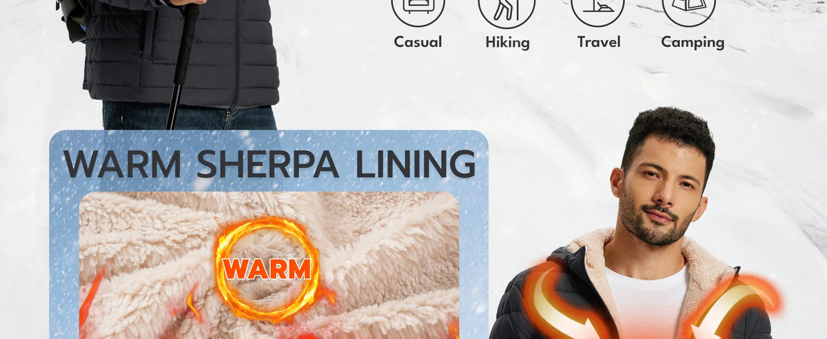 TACVASEN Men's Puffer Jacket Winter Warm Hooded Sherpa Lined Water Resistant Windproof Insulated Jacket Warm Winter Puffy Coat