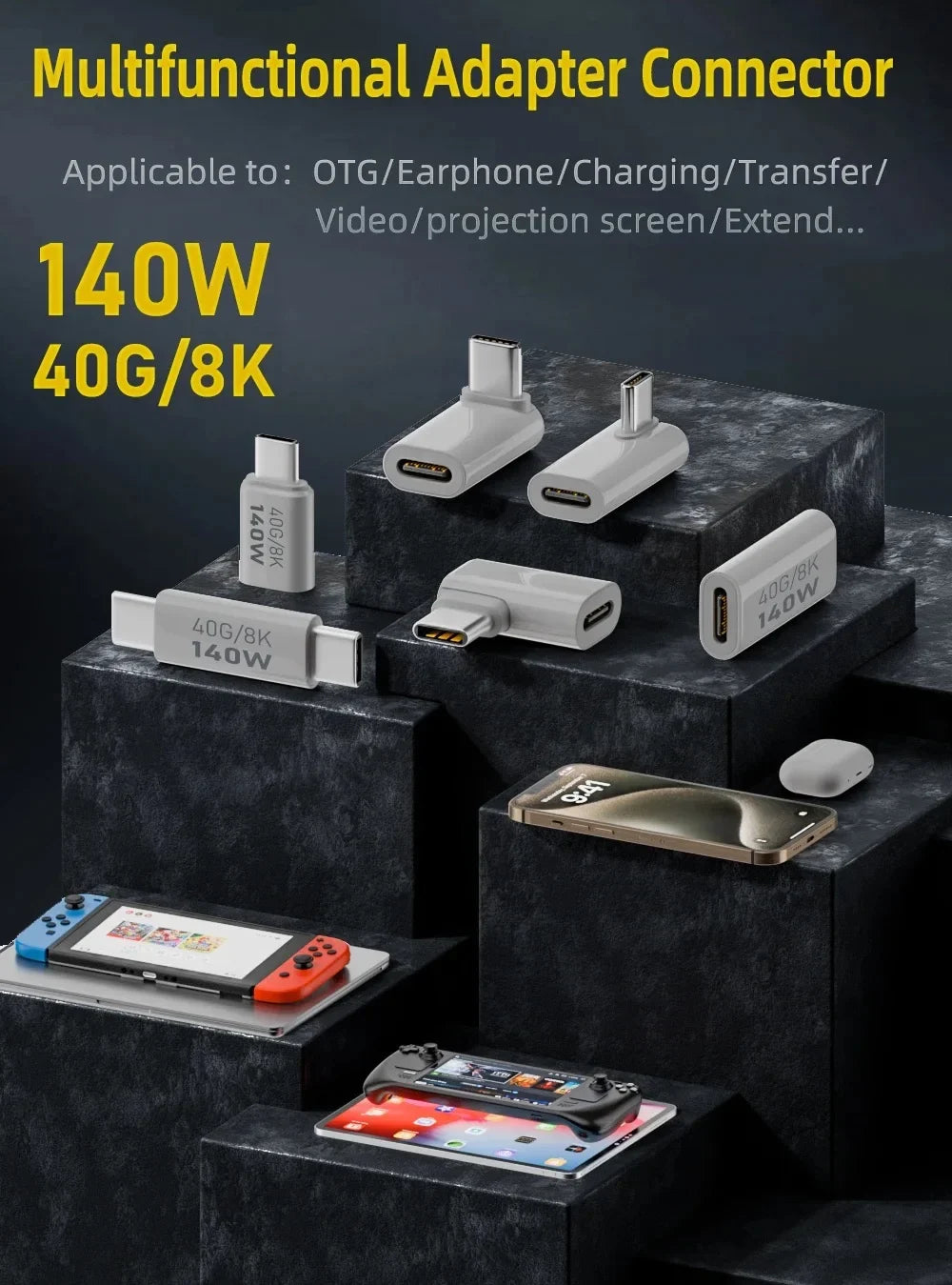 PD140W USB4.0 Type C to USB C Fast Charging Adapter Converter 40Gbps Data Sync Connector 8K@60Hz USB C OTG Adapter for MacBook