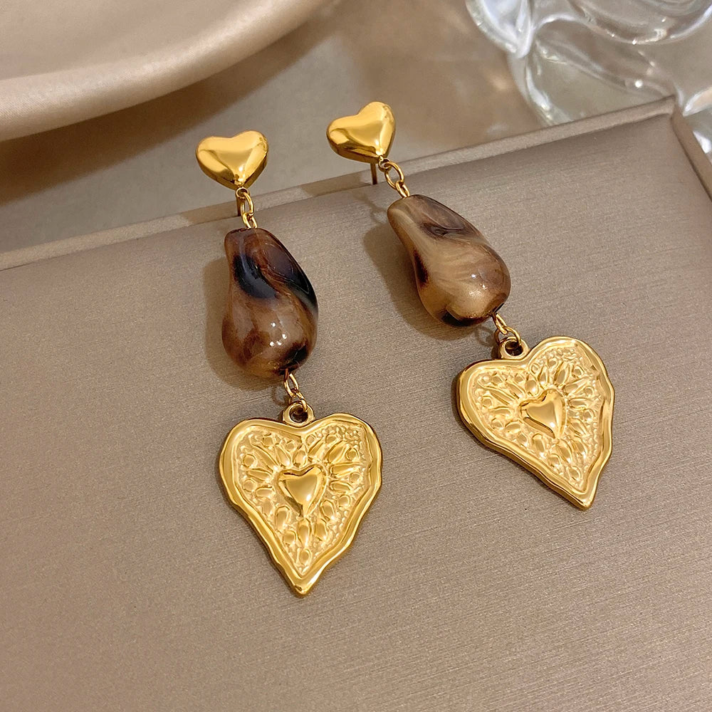 Greatera Caramel Amber Patterned Irregular Heart Earrings For Women Charm Stainless Steel Waterproof Popular Ear Accessories New