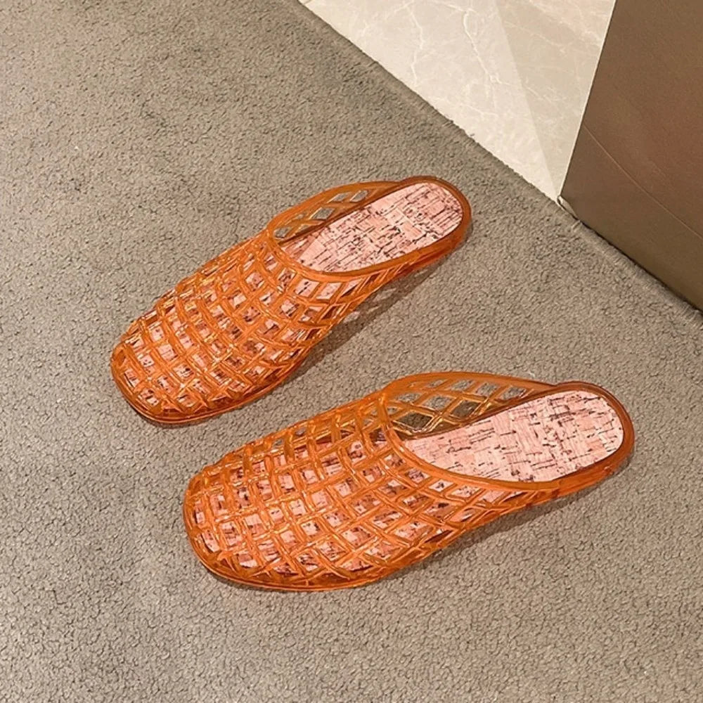 Round Toe PVC Crystal Slippers Non-Slip Soft Fishing Net Jelly Sandals Flat Low Bottom Transparent DIY Shoes Charms Shoes