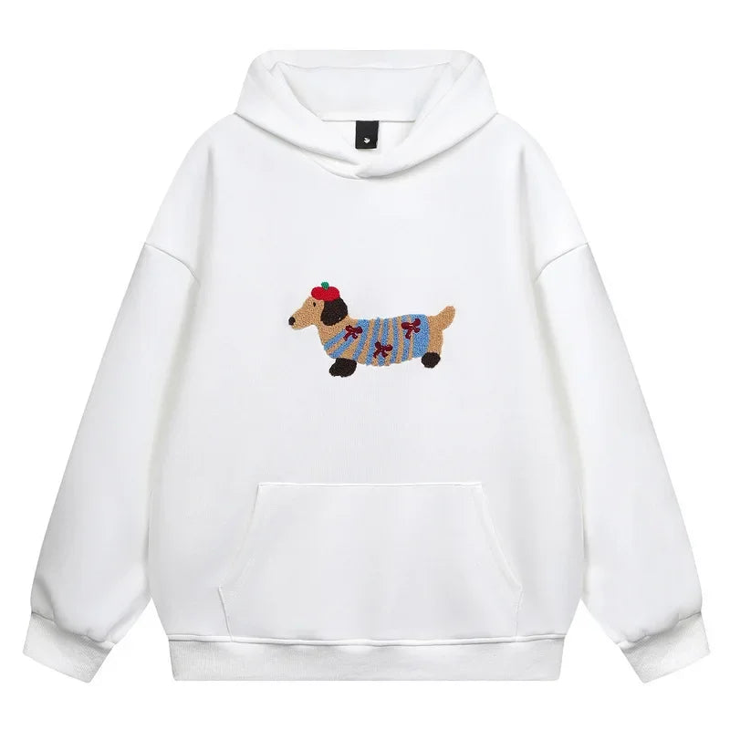 Unisex Hooded Sweatshirt Chinese Style Printed Loose Fit Couple Top Autumn Winter Casual Streetwear Minimalist Pullover