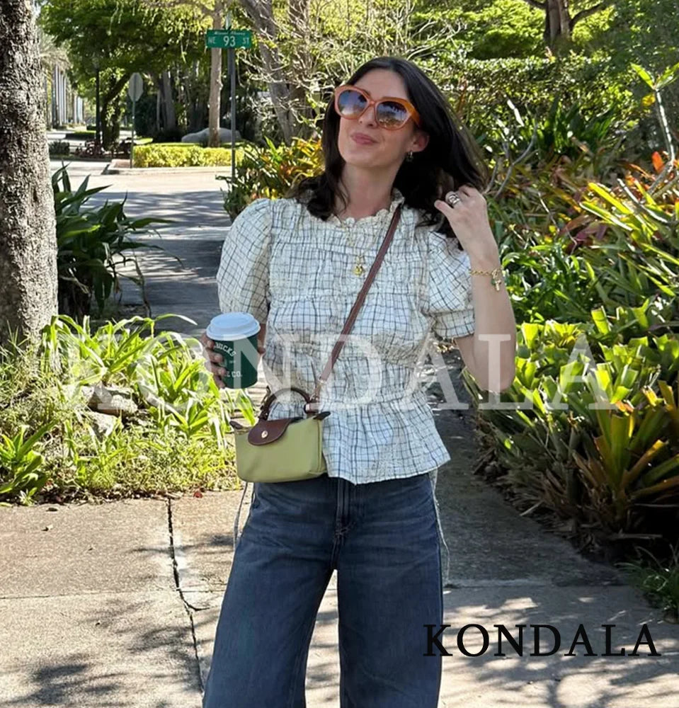 KONDALA Chic Embroidery Plaid Skirt Set Women Trendy 2026 Spring Summer Holidays Casual Set Puff Sleeve Shirts, A-Line Skirts