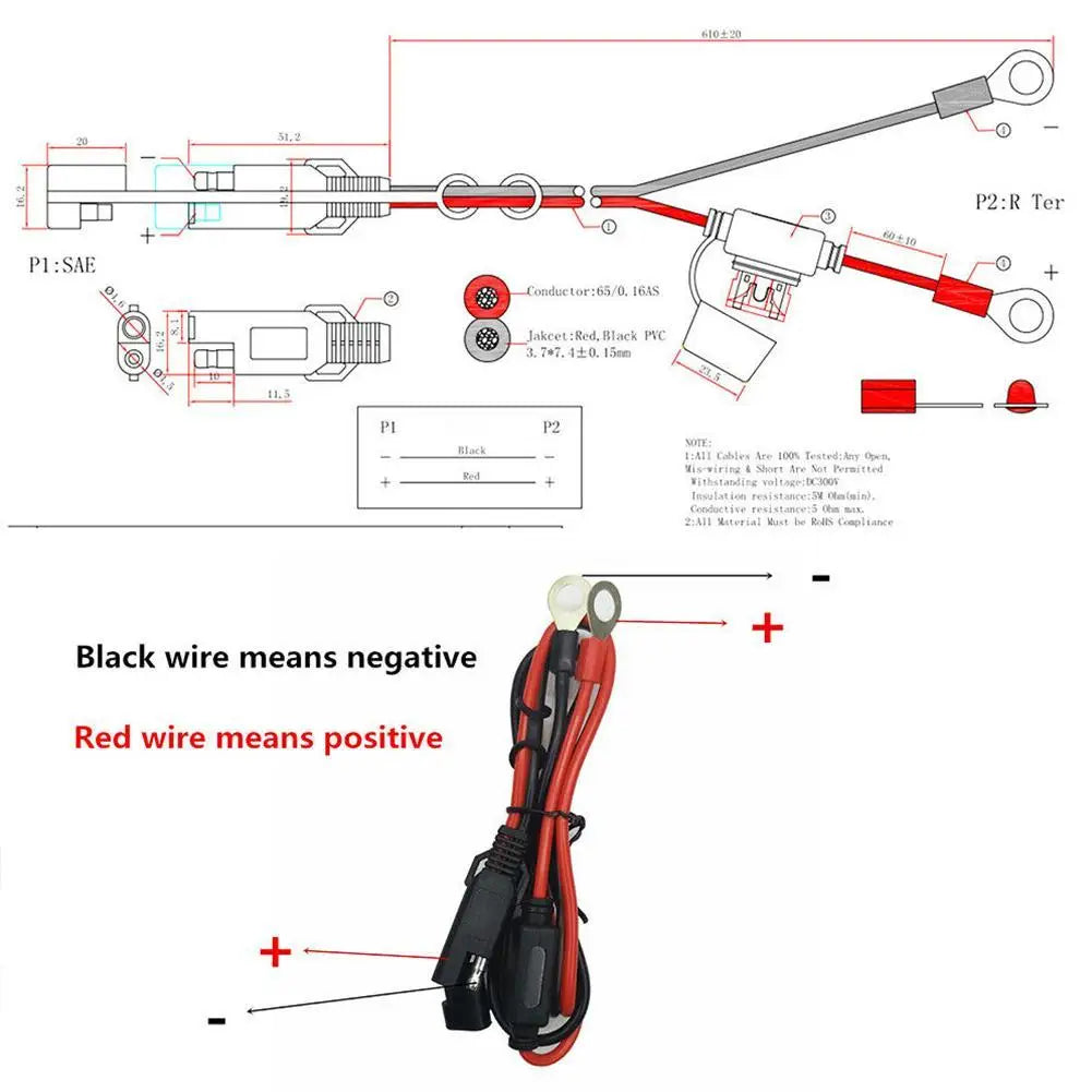 Charger Cable For Motorcycle Battery Terminal To SAE Quick Extension Cable With 10A Fuse O Connector Battery Charger Adapter