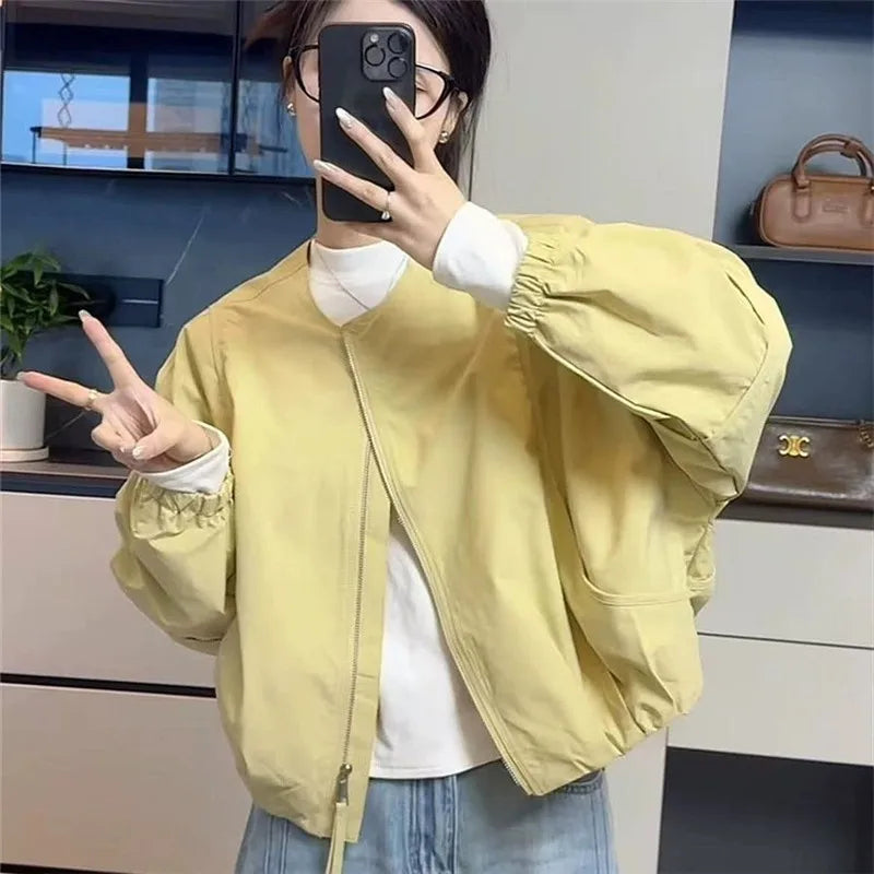 Korean Version Simple Women's Round Neck Solid Color Short Coat 2026 Spring New Female Casual Loose Jacket Joker Little Overwear