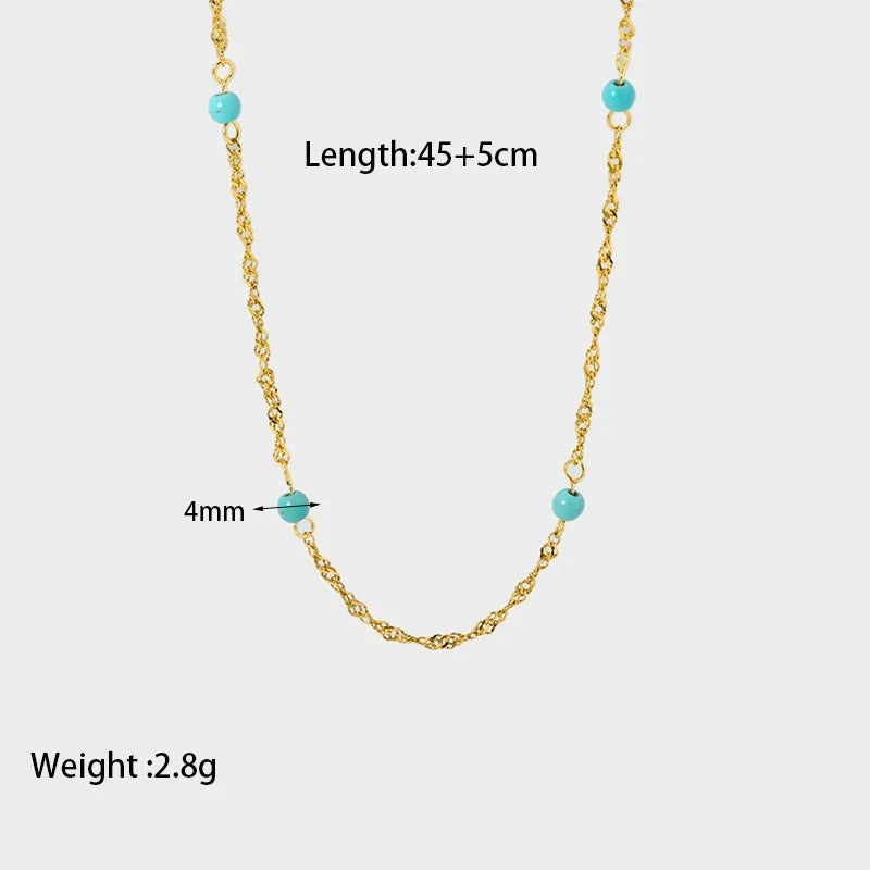 Stylish 18k Gold Plated Stainless Steel Blue Natural Stone Geometric Pendant Necklace for Women Waterproof  Collar Jewelry Gift