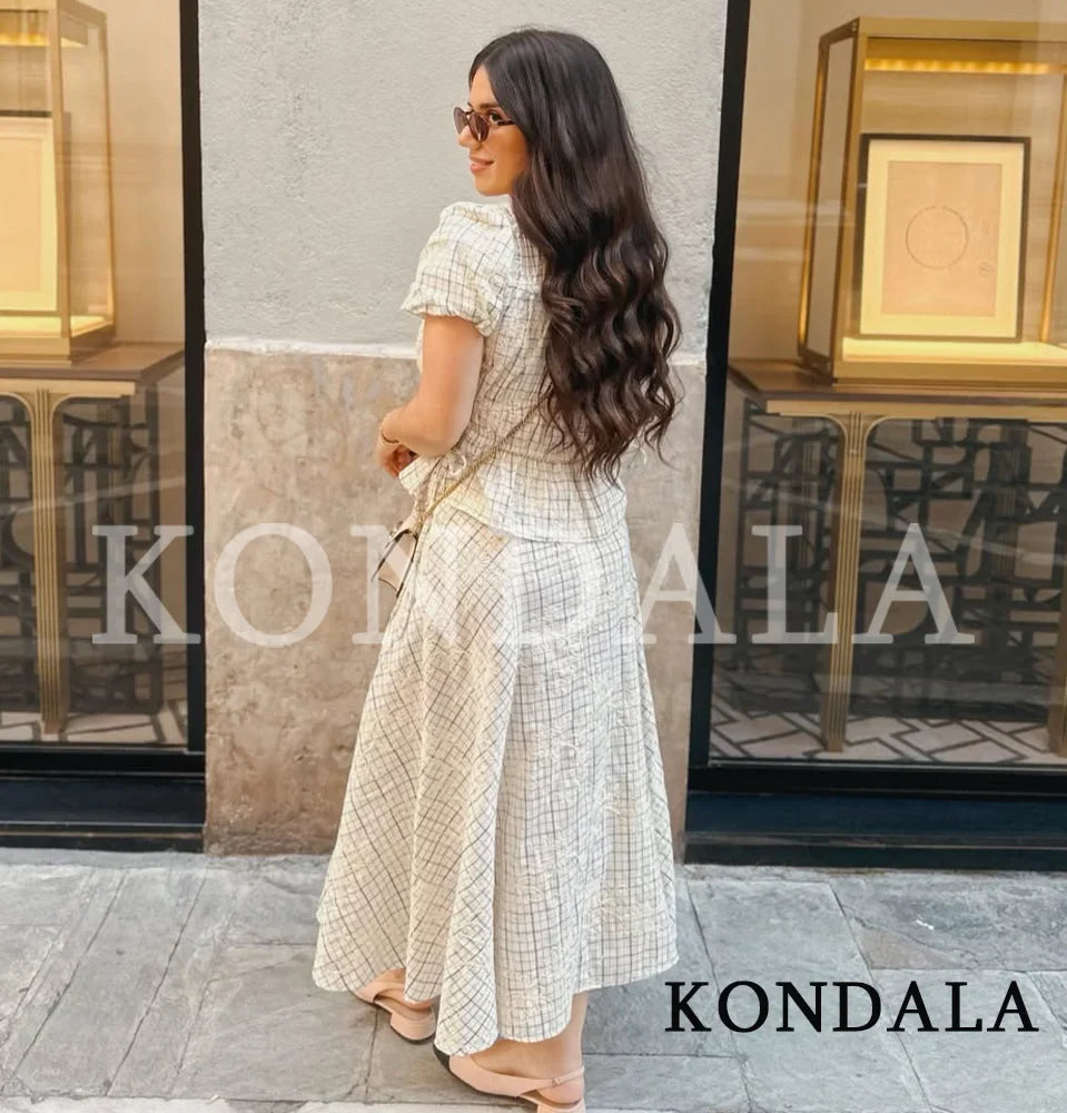 KONDALA Chic Embroidery Plaid Skirt Set Women Trendy 2026 Spring Summer Holidays Casual Set Puff Sleeve Shirts, A-Line Skirts