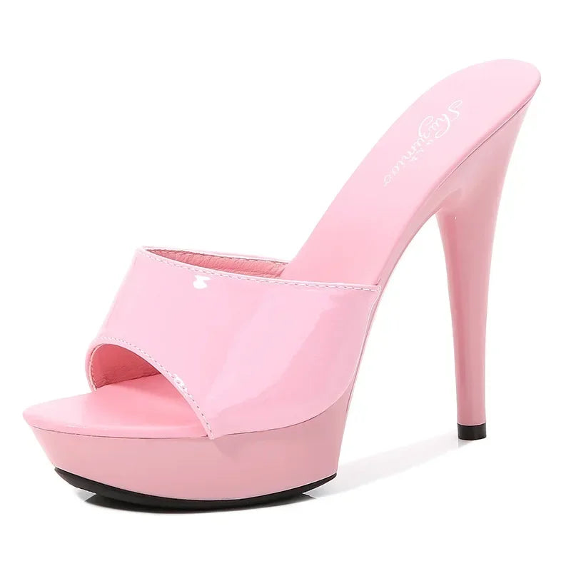 Womens Slippers Mule Patent Leather Sandals Sexy Fashion 13CM Slides Party Shoes for Woman Luxury Red Sandals Summer Comfortable