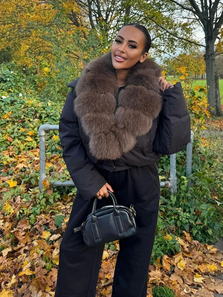 Luxury Thick Faux Fox Fur Collar Cropped Puffer Coat Women Oversized Lapel Zip Up Short Warm Windproof Winter Outerwear Jacket