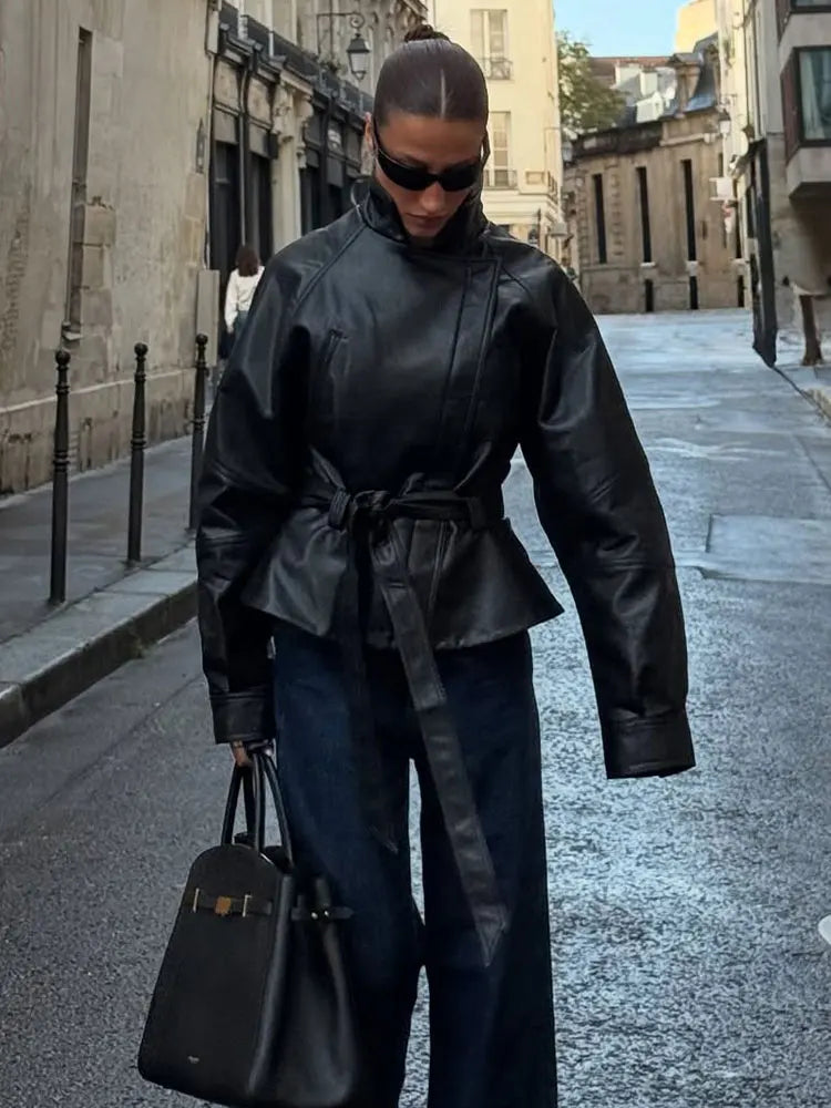HH Women Fashion Black Short Faux Leather Trench Coat Long Sleeve Lapel Jacket With Belt Vintage Lady Motorcycle Jacket Outwear