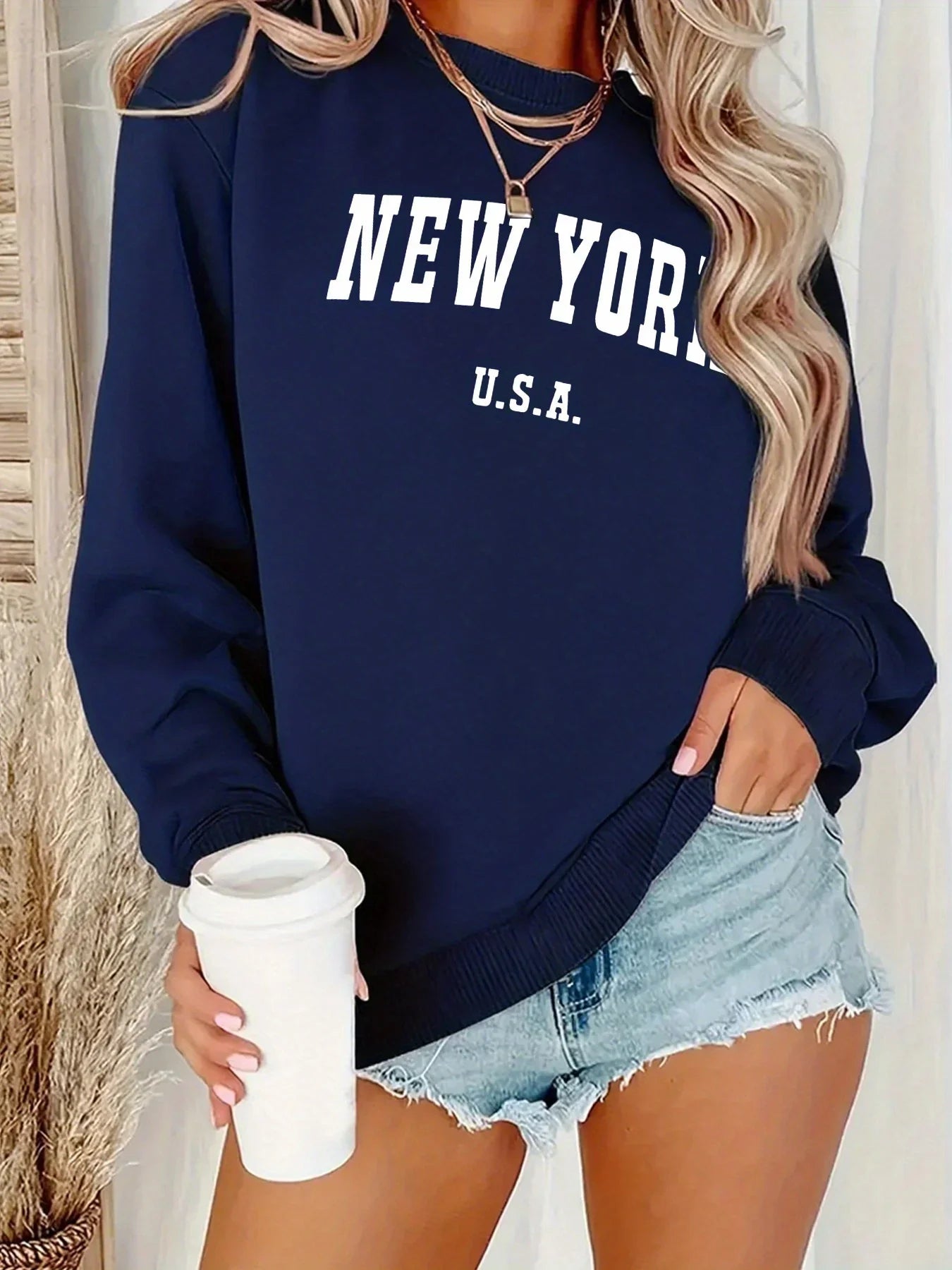 Women's Casual USA Print Pullover Sweatshirt Geometric Design Long Sleeve Round Neck Machine Washable Regular Fit for Autum