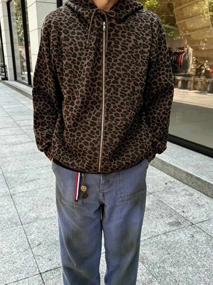 Y2K Leopard Print Hooded Jacket Women Full Zip Drawstring Hood Long Sleeve Loose Fit Streetwear Street Club Ladies Outerwear