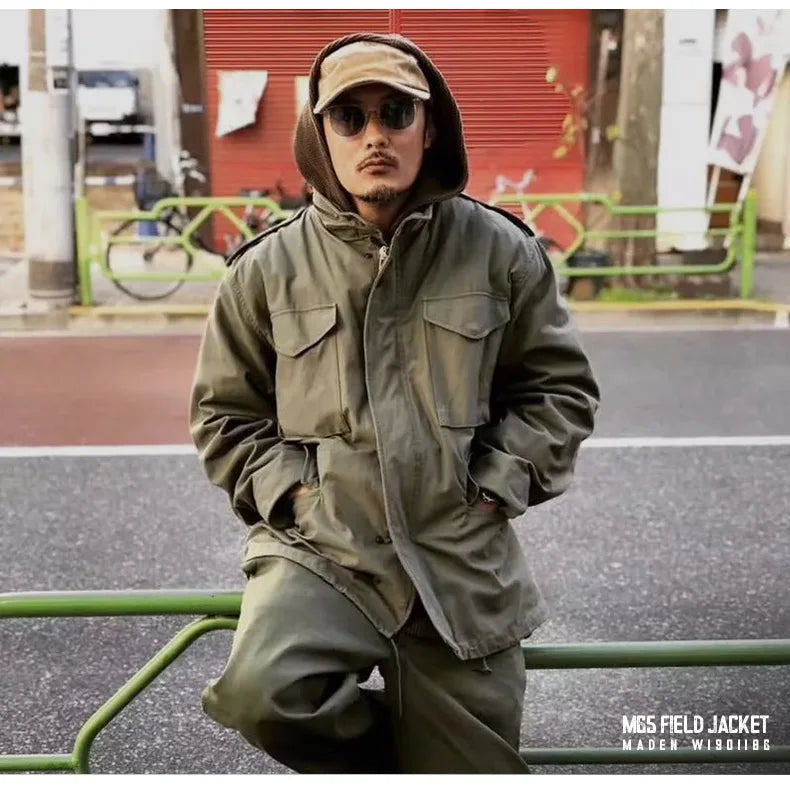 Maden Retro M65 Jackets for Men Green Outdoor Windbreaker Vintage Casual Solid Coat Mens Clothes Multi-Pocket Jacket
