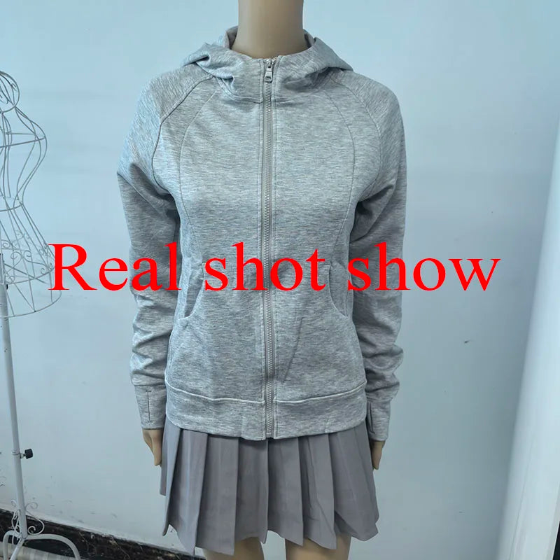 Gray Zipper Hooded Sweatshirt Women 2025 New Korean Slim Fit Cardigan Long Sleeve Coat Woman Solid Pockets Sports Hoodies Jacket