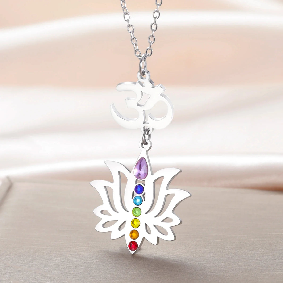 Gold Plated 7 Chakra Lotus Flower Necklace with Om Symbol Spiritual Yoga Jewelry Seven Colorful Zircon Lotus Flower Necklace