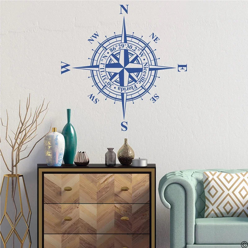 Customizable Compass Rose Wall or Ceiling Decal, Add Your Own Coordinates, Town, State or Family Name Nautical Home Decor AB37