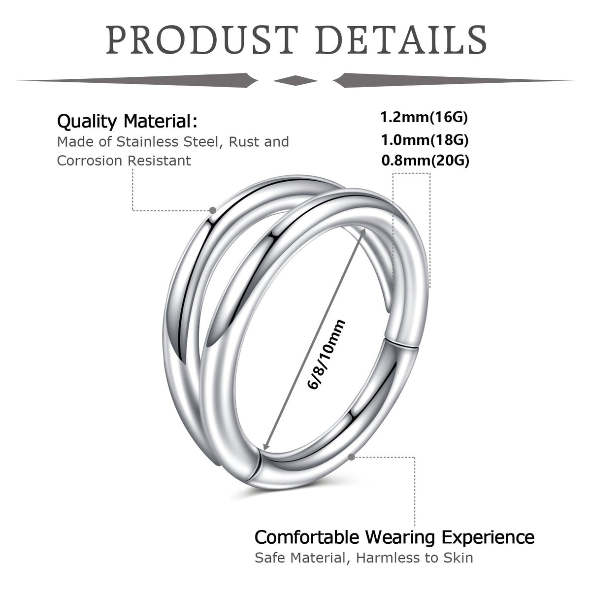 Double Septum Rings Nose Rings Hoops Cartilage Hoop Earring Piercing Nose Open Stacked Hoop Nose Rings 16G 18G 20G 6/8/10mm