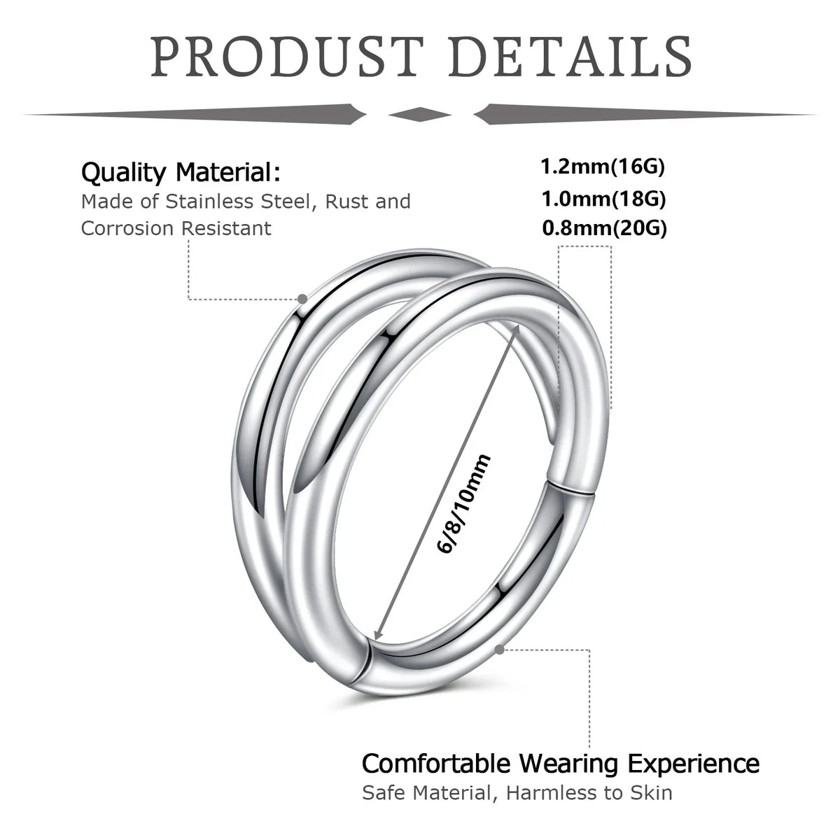 Double Septum Rings Nose Rings Hoops Cartilage Hoop Earring Piercing Nose Open Stacked Hoop Nose Rings 16G 18G 20G 6/8/10mm