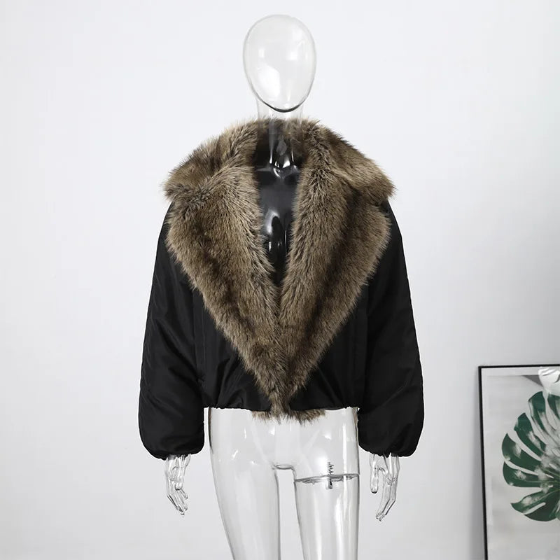 Fashion Faux Fur Patchwork Cotton Coat Women Lapel Zipper Pocket Cropped Street Warm Jacket 2026 Winter Lady Puffer Jackets New