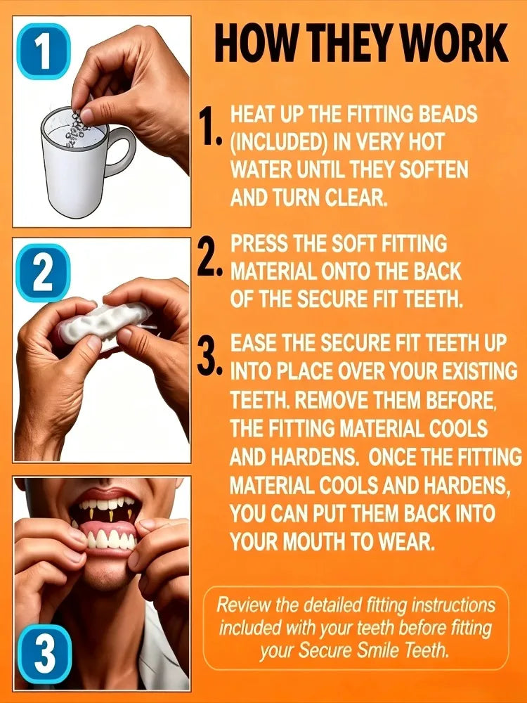 Temporary Adjustable Resin Full Dentures, Natural Bright White Smile, Easy Wear Cosmetic Dental Kit