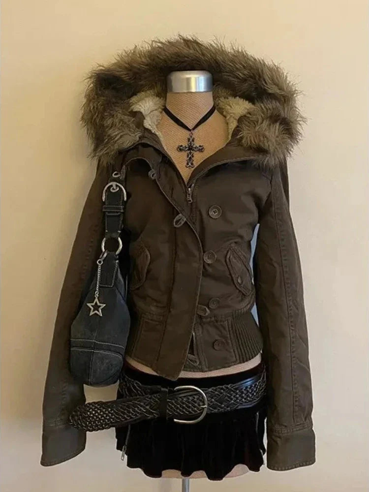 Subculture Harajuku Vintage Safari Coats with Hooded Women Zipper Sweatshirts Casual Streetwear Grunge Jacket Y2k Stand Neck