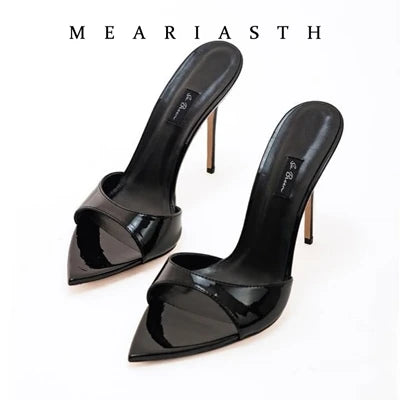 Ladies High-heeled Slippers Shoes Fashion Pointed Sexy Patent Leather Women with Open Toes and Party Wedding Stripper Sandals.