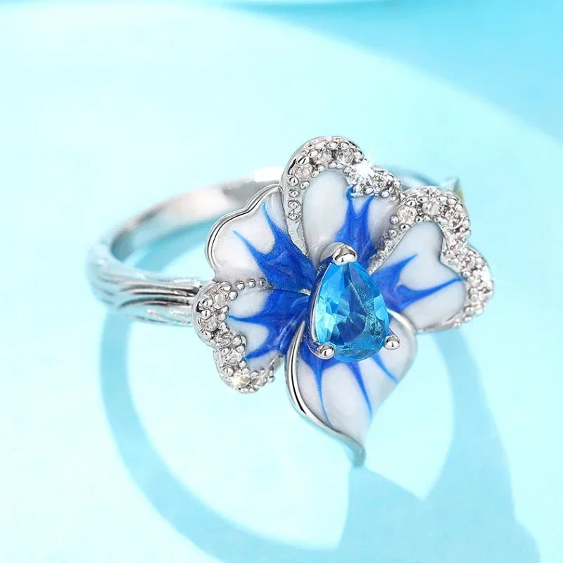 Huitan Gorgeous Creative Rings with Blue Flower Designed Elegant Temperament Party Jewelry for Women Delicate Finger Accessories