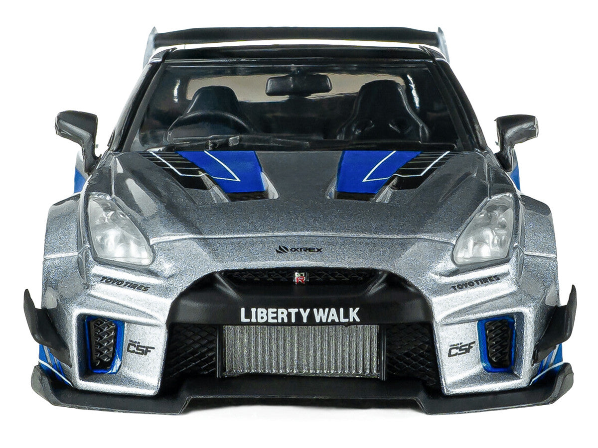 2020 Nissan GT-R (R35) Liberty Walk Silhouette RHD (Right Hand Drive) Silver Metallic with Black Top and Blue Graphics 1/43 Diecast Model Car by Solido