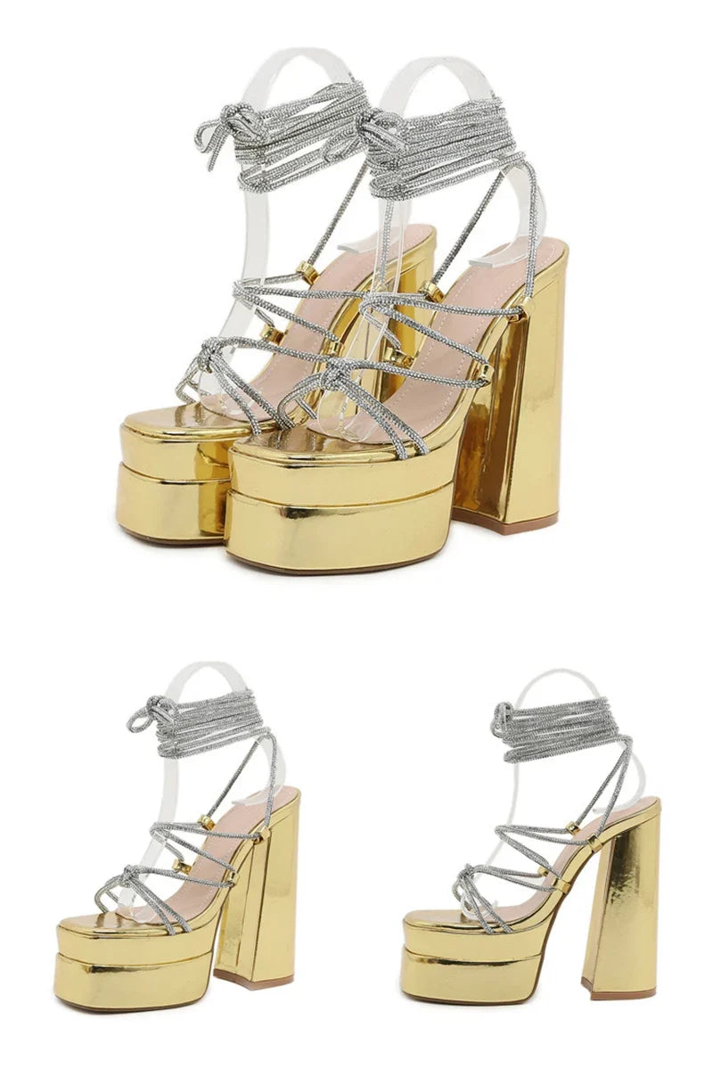 MM2025 New Arrival Rhinestone Embellished Knot T-Strap Heels Roman Peep-toe Summer Sandals Shiny Perfomance Anniversary Footwear