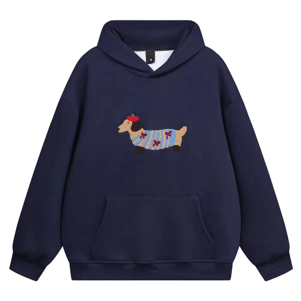 Unisex Hooded Sweatshirt Chinese Style Printed Loose Fit Couple Top Autumn Winter Casual Streetwear Minimalist Pullover
