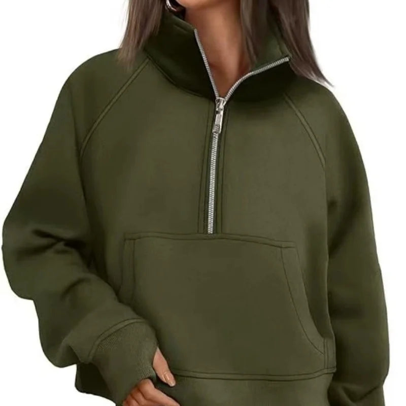 New Women's Spring Autumn Winter Stand Collar Plus Fleece Solid Color Hoodie Long Sleeve Pocket Loose Half Zip Pullover Hoodie