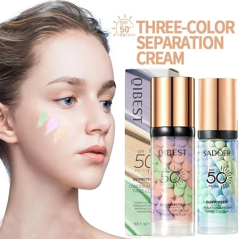 Face Makeup Primer Tri-color Cream Contour Color Isolation Waterproof Makeup Foundation Natural Makeup Base Cream 40g