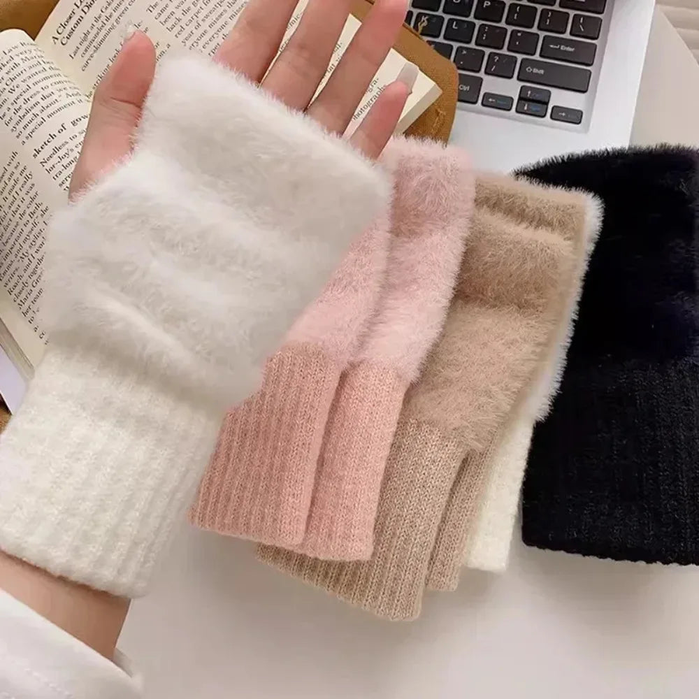 Soft Winter Half Finger Gloves Women Warm Luxury Solid White Plush Knitted Fingerless Gloves Wrist Mitten Writing Winter Gloves