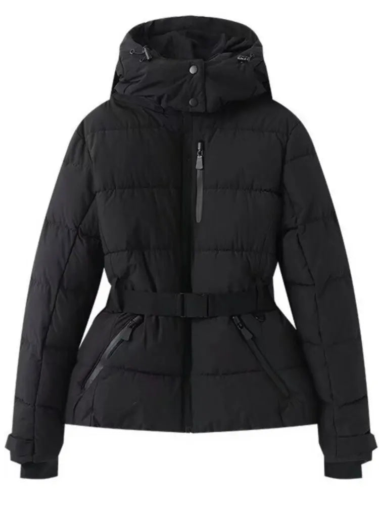 2026 Women Winter Hooded Down Jackets With Belt Lady Warm Thick Long Sleeve Stand Collar Parkas Padded Coats Sports Ski Outdoor