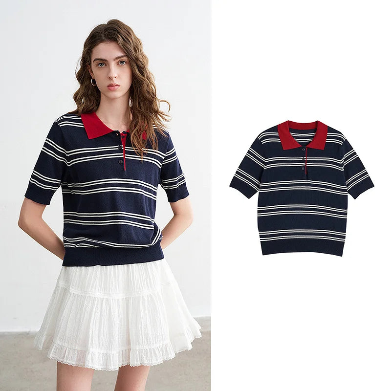 TOYOUTH Women Intellectual Striped Polo Shirt 2026 Spring New Lyocell Linen Breathable Comfort Knit Top