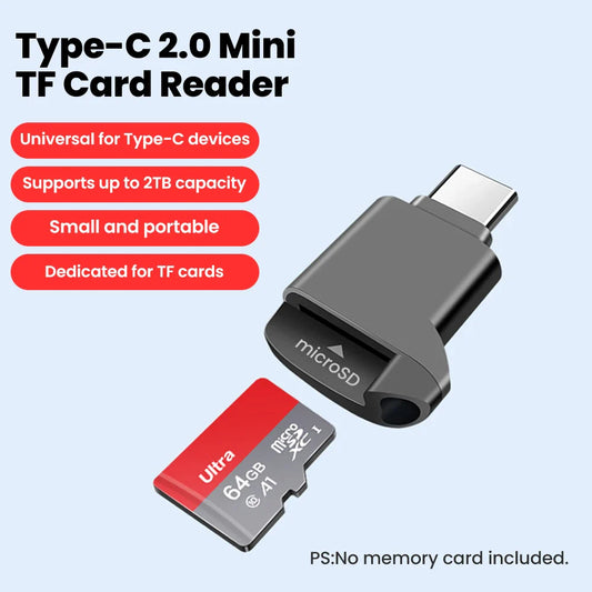 Type-C 2.0 Card Reader External Storage Black Stretch for Memory Stick For iPhone 17 16 15 Samsung USB C 2.0 TO TF Card Reader