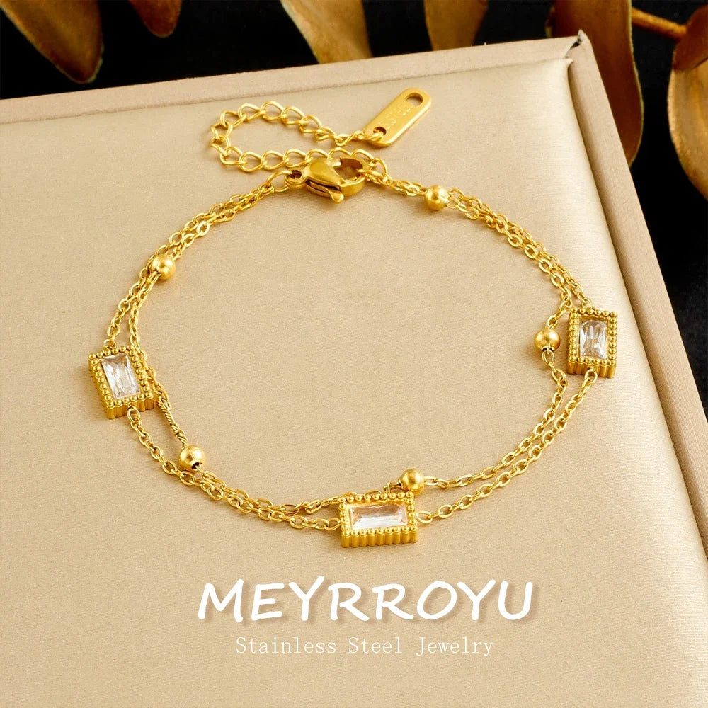 MEYRROYU 316L Stainless Steel White Zircon Inlay Cuboid Series Design Double-Layer Bracelet Women Classic Classy Hand Chain Gift