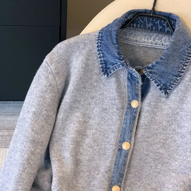 Chic Denim Collar Stitching Fake Two-piece Sweater Women's Cardigan New Single Breasted Knitted Jacket Coat Female Outwear