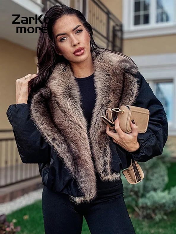Fashion Faux Fur Patchwork Cotton Coat Women Lapel Zipper Pocket Cropped Street Warm Jacket 2026 Winter Lady Puffer Jackets New