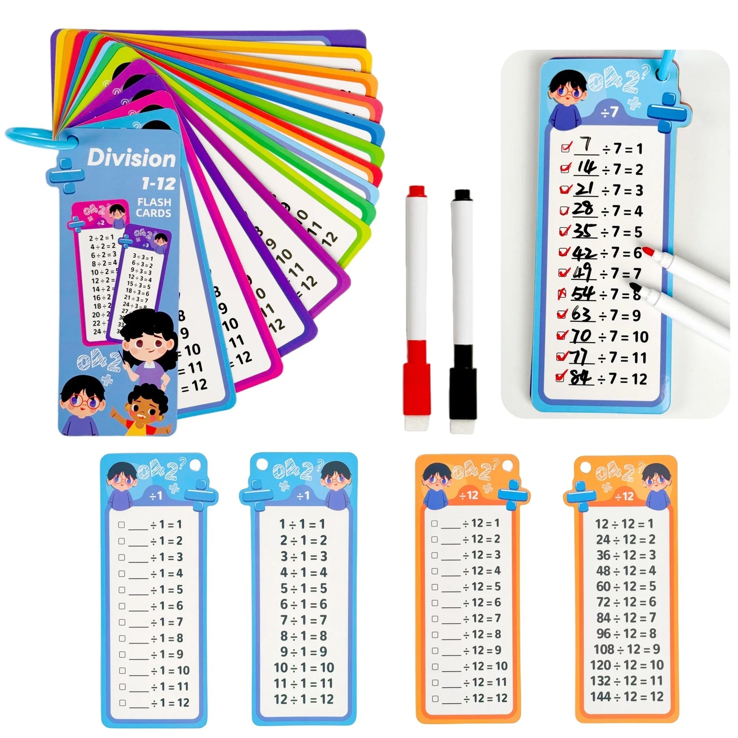 Digital Learning Flash Cards, Addition, Subtraction, Multiplication, Division, Fractions, Math Formula Memory, 15 Cards with Two Erasable Pens, Learning Toy