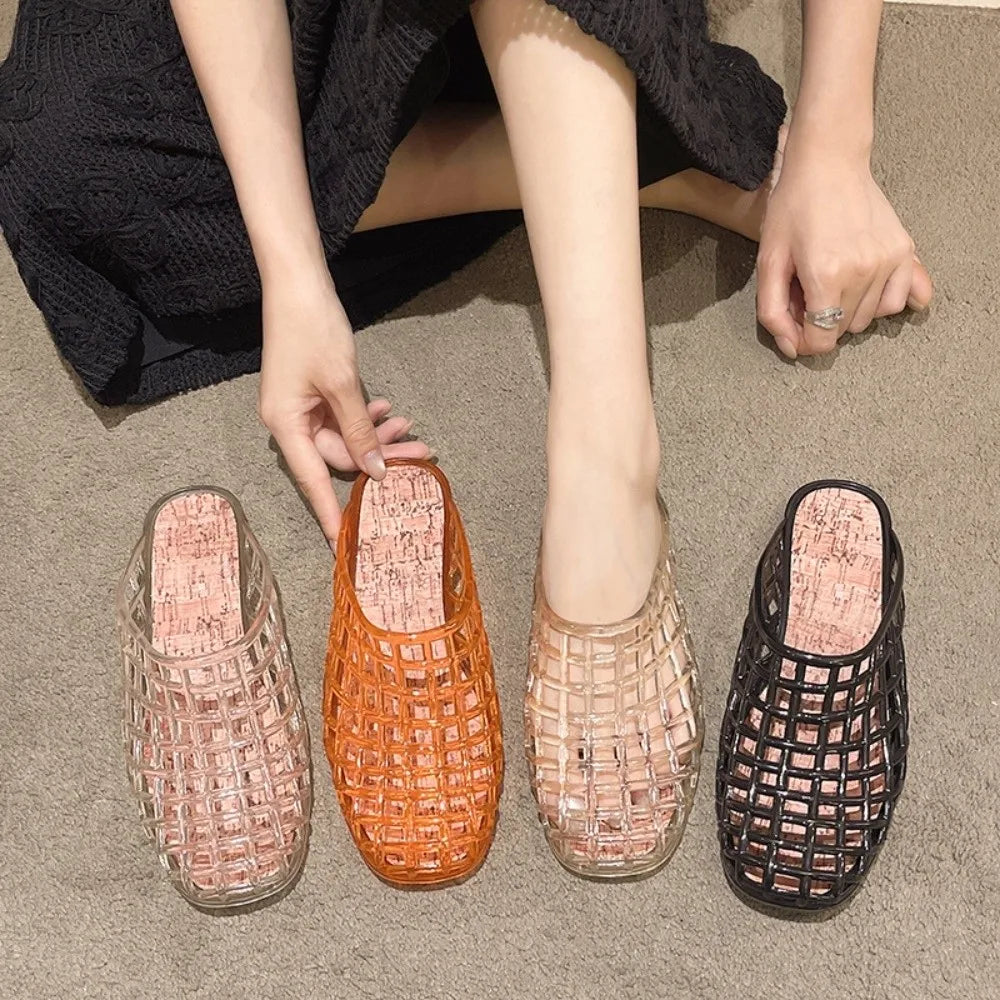 Round Toe PVC Crystal Slippers Non-Slip Soft Fishing Net Jelly Sandals Flat Low Bottom Transparent DIY Shoes Charms Shoes