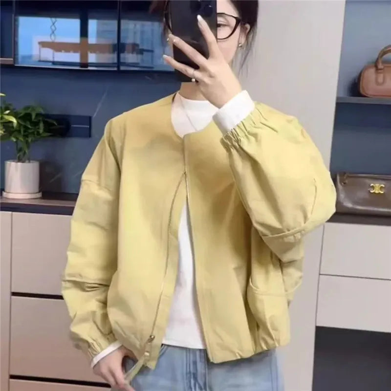 Korean Version Simple Women's Round Neck Solid Color Short Coat 2026 Spring New Female Casual Loose Jacket Joker Little Overwear