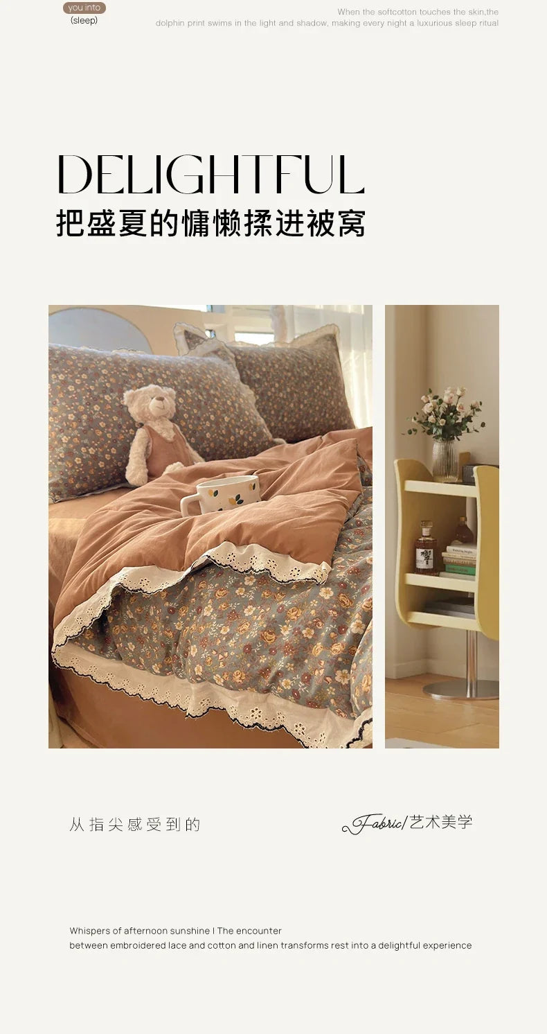 Summer Quilt Korean Style Duvet with Lace Single/Queen Size Comforter Flower Printed Quilted Blanket 여름이불 (No Pillowcase)