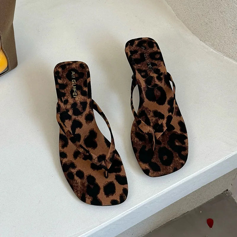 Fashion Square Toe Women 4CM Heels Slippers Slides Sandals Summer Casual Female Flip flops Ladies Thin Heel Slippers Shoes Pumps