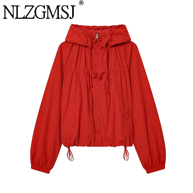 Nlzgmsj 2026 Spring Casual Hoodie Red Jackets Women Long Sleeve Zipper Short Coats Fashion Y2K Girl Outwears