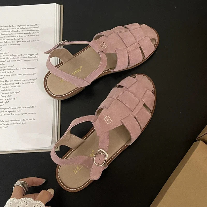 DIMANYU Women's Roman Sandals 2026 Summer New Flat Retro Real Leather Ladies Sandals Hollowed Women's Cage Shoes