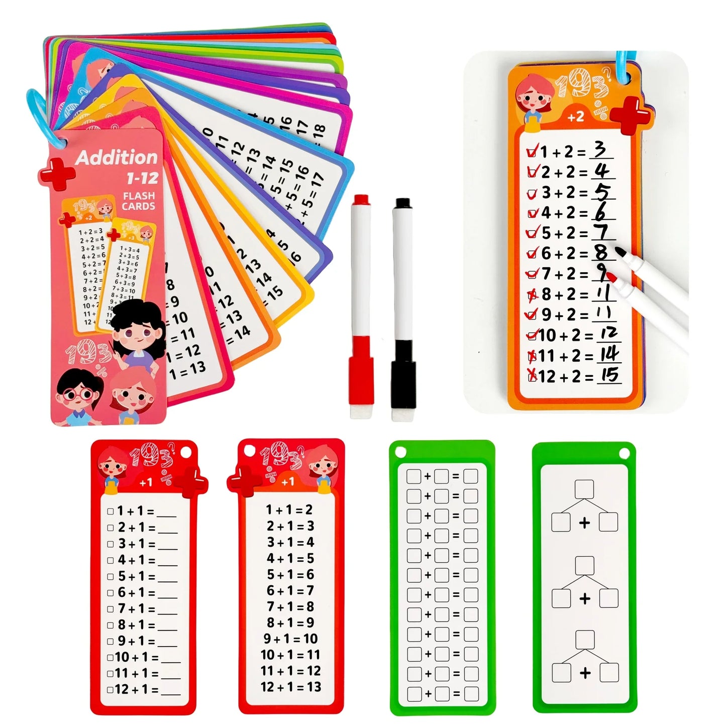 Digital Learning Flash Cards, Addition, Subtraction, Multiplication, Division, Fractions, Math Formula Memory, 15 Cards with Two Erasable Pens, Learning Toy