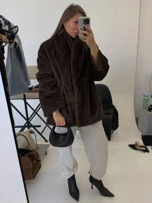 DFDG Women’s 2025 Autumn Winter Simple Casual Faux Mink Fur Coat Stand Collar Eco Plush Jacket Thickened Designer Outerwear Coat
