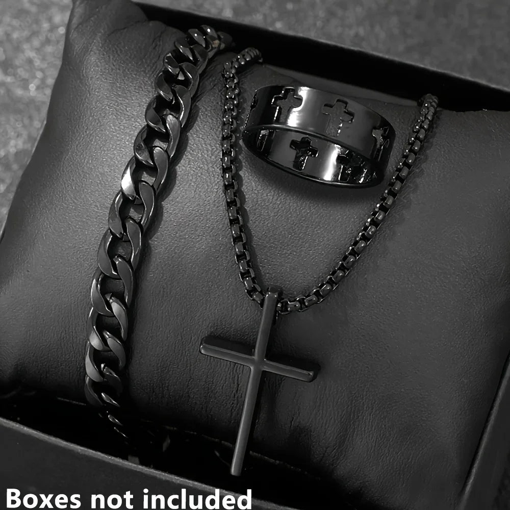 Cross-Style Accessories Set Bracelet Necklace Ring 3 Pieces Stainless Steel Elegant Suitable Both Men Women Fashionable Gift Set